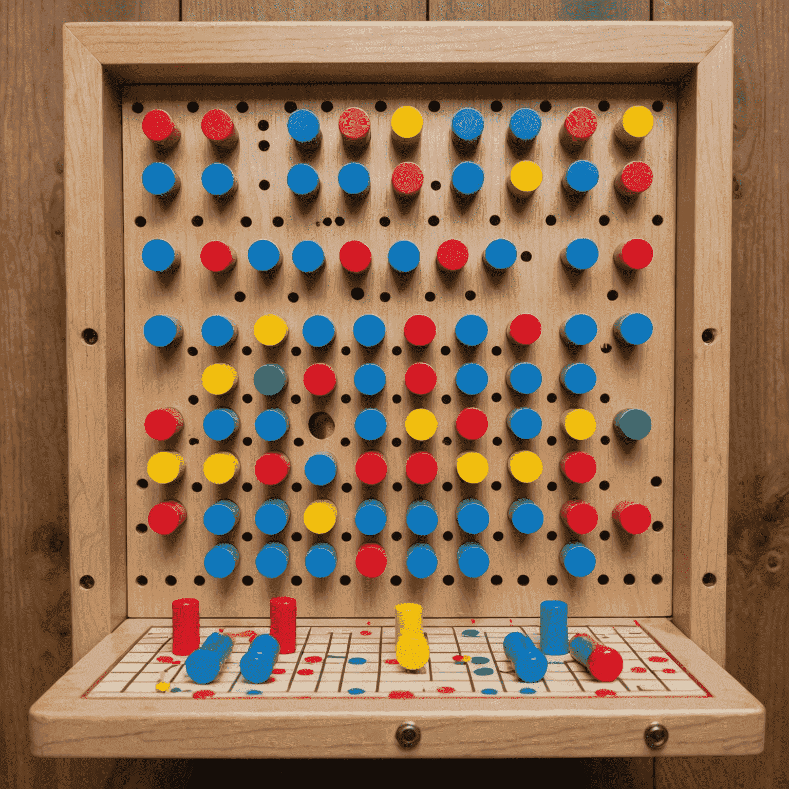 Un plateau de jeu Plinko avec des pions colorés tombant à travers un labyrinthe de chevilles, atterrissant dans différentes fentes en bas pour gagner des points ou des prix