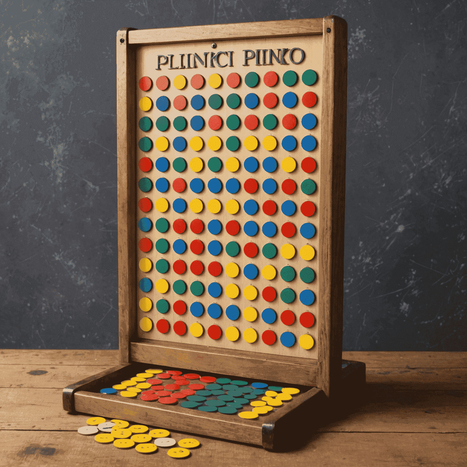 Photo d'un jeu Plinko vintage des années 1970 avec le plateau en bois, les tiges métalliques et les jetons colorés