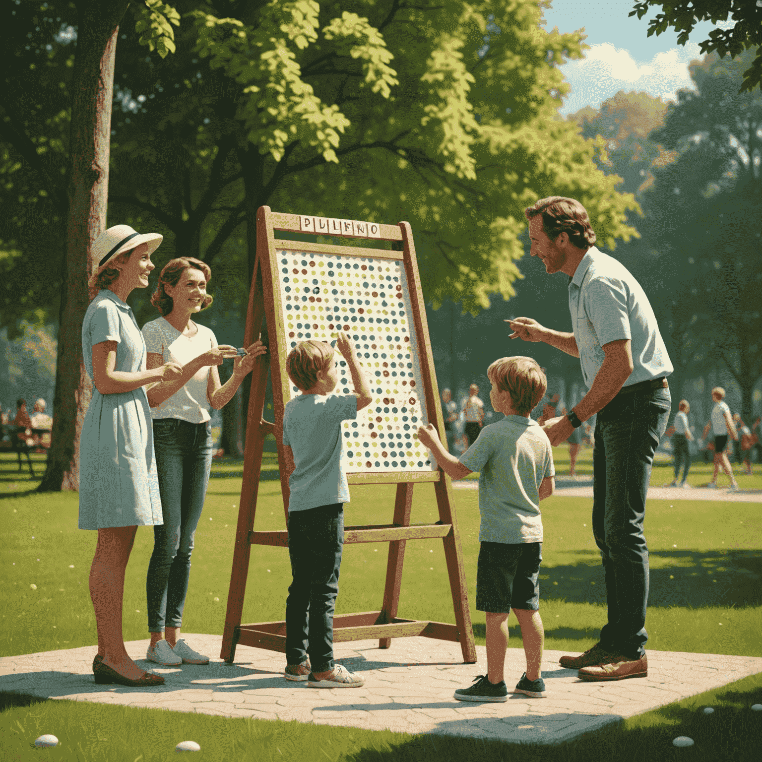 Une famille française jouant au Plinko ensemble dans un parc