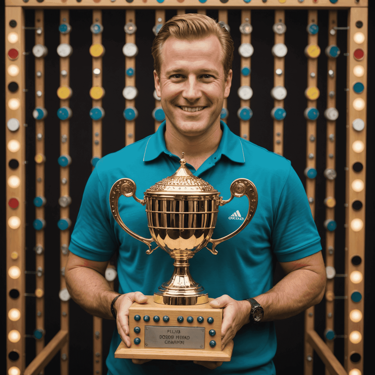 Photo du champion de Plinko posant fièrement avec son trophée gagné lors d'un tournoi majeur