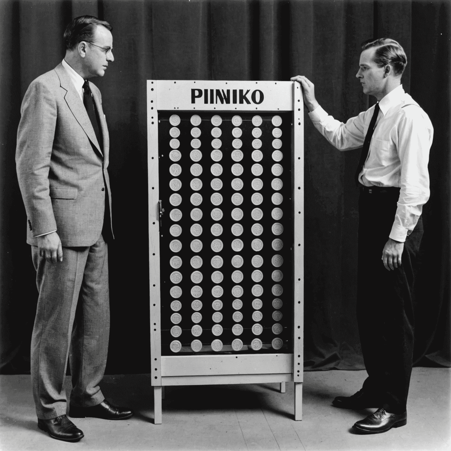 Photo d'archive en noir et blanc montrant le premier plateau de Plinko