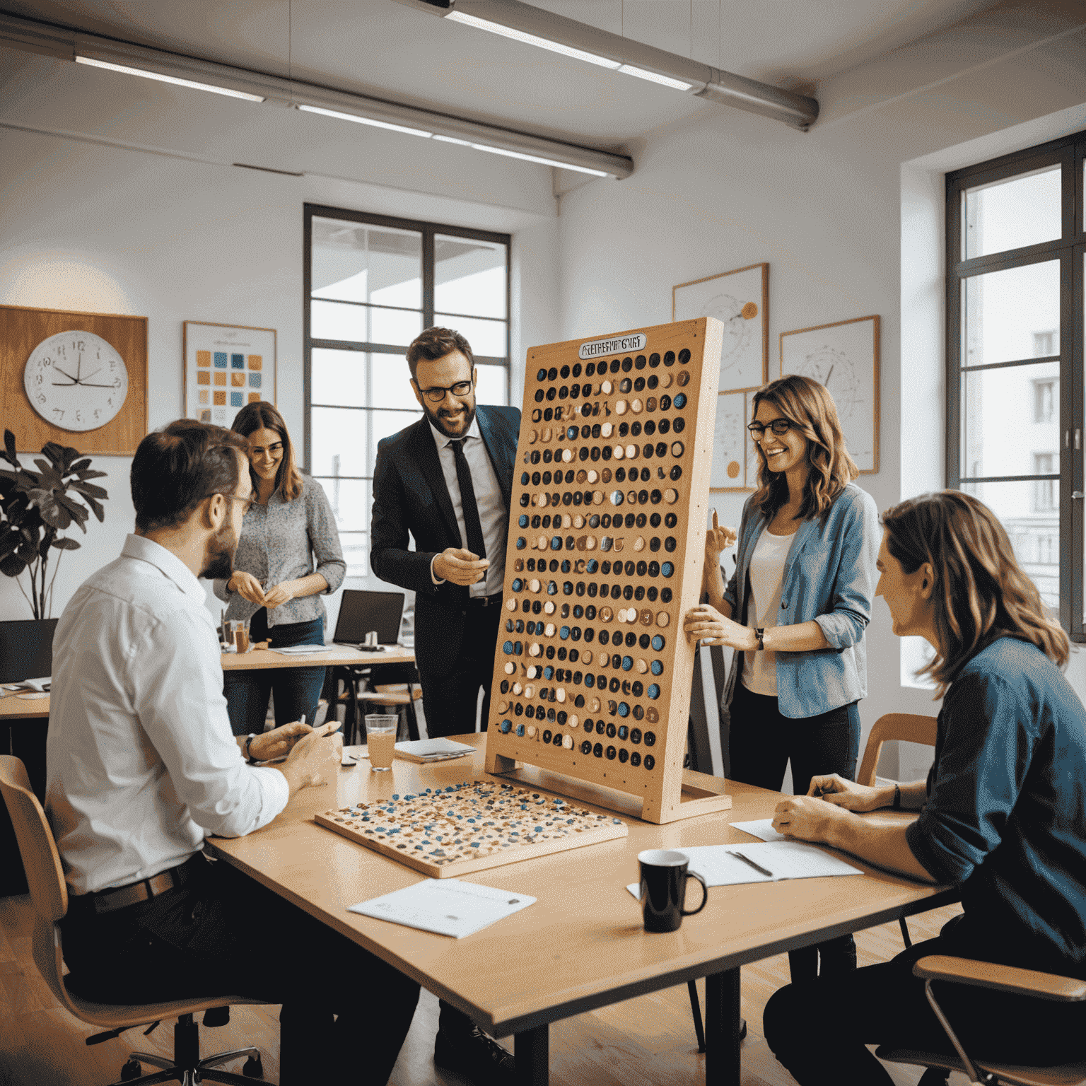 Des collègues jouant au Plinko pendant leur pause déjeuner dans un bureau en France