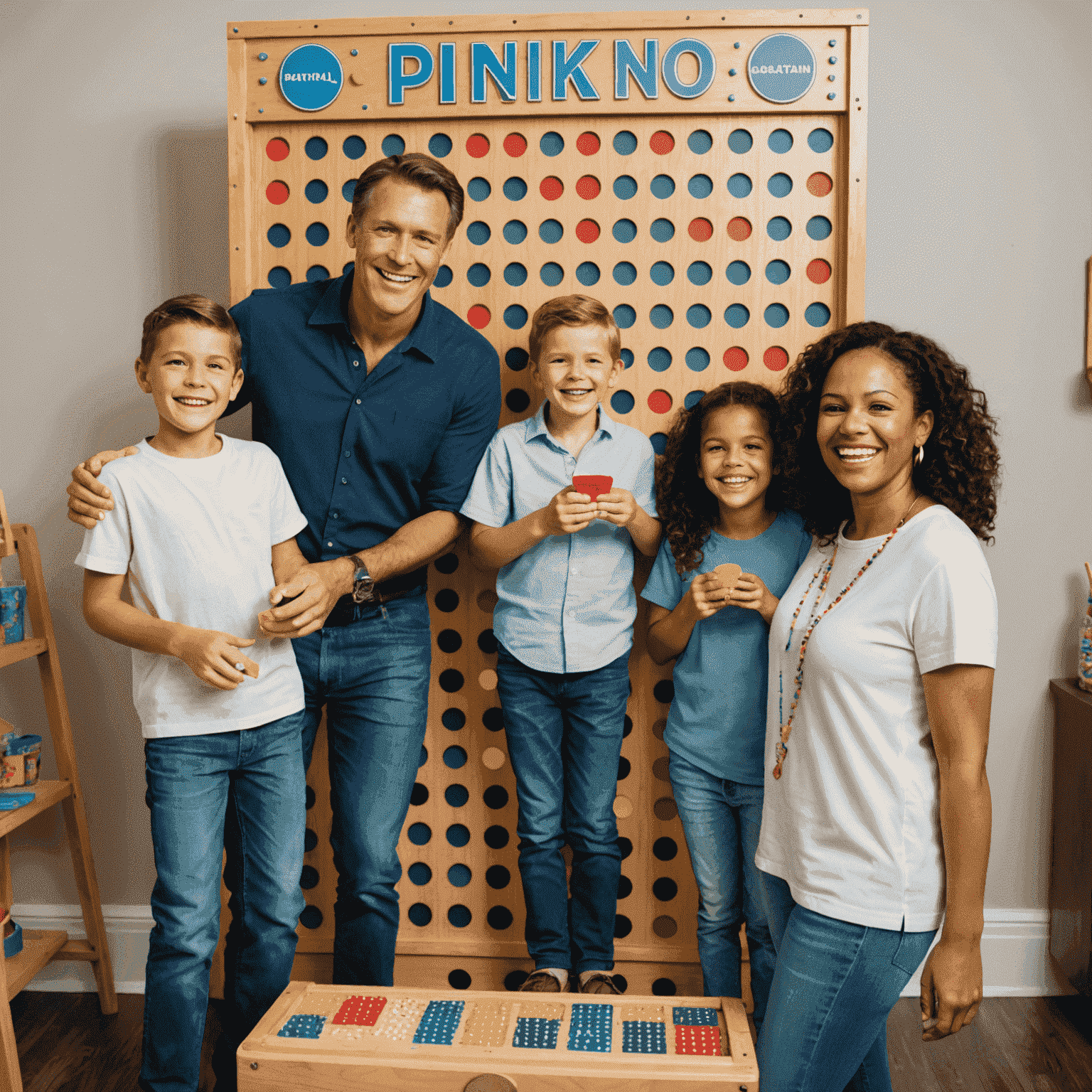 Une famille s'amusant lors d'une soirée à thème Plinko avec des décorations et des prix