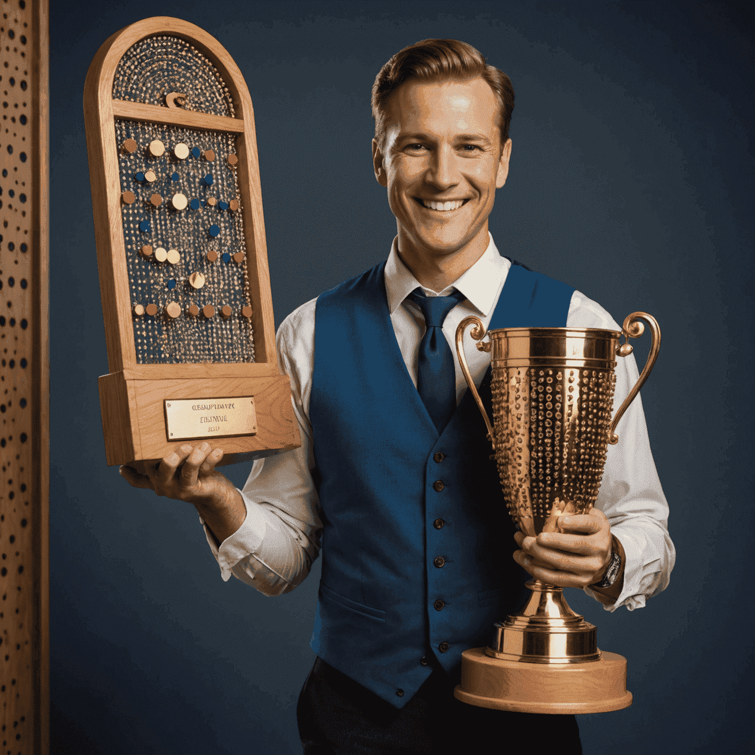 Portrait d'un champion de Plinko souriant et tenant un trophée